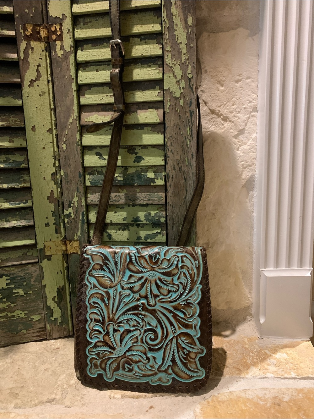 Patricia Nash Tooled Leather Crossbody Bag with Turquoise Floral Design